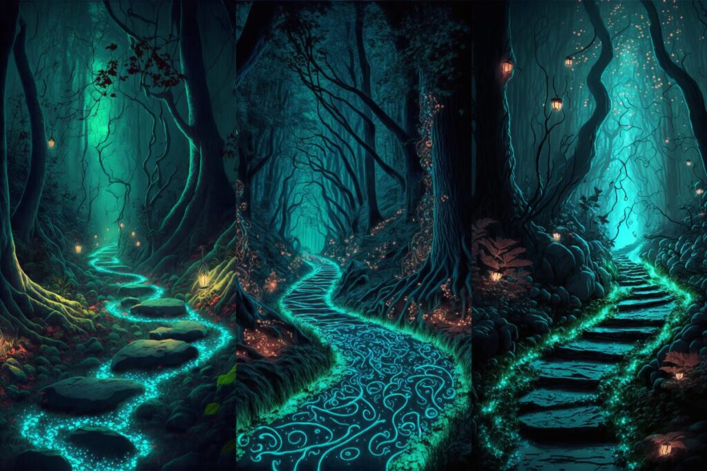 Three artworks featuring a winding forest path, each piece highlighting unique colors and textures of the natural landscape.