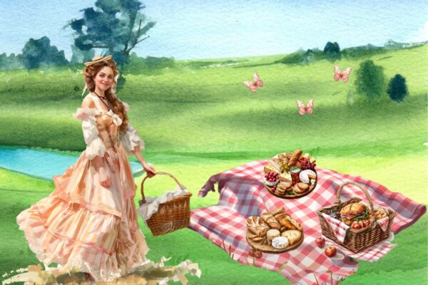 Detour for Snacks A woman in an elegant dress stands proudly, holding a picnic basket and standing next to a blanket that has a variety of delightful food items on it.