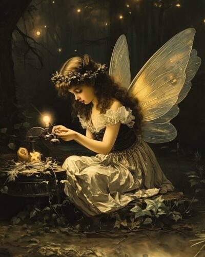 Embrace Your Magic A charming fairy rests on a bench, a flickering candle beside her, creating a magical ambiance in the twilight.