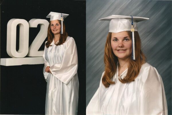 Graduation Two images of a smiling woman wearing a graduation gown and cap, celebrating her academic achievement.